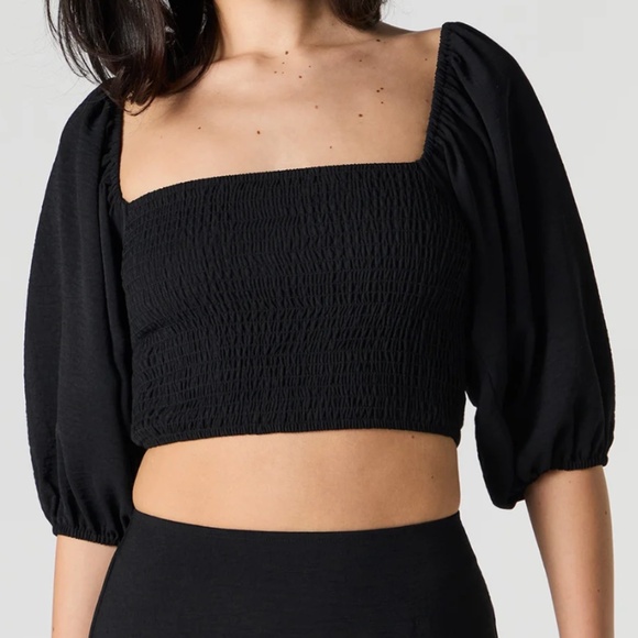 Forever 21 Smocked Puff Sleeve Crop Top – Black – Large - Picture 1 of 9
